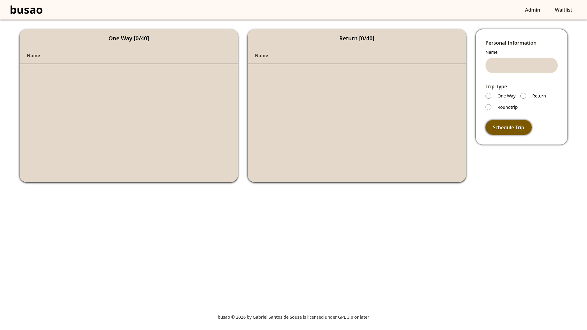 Screenshot of the website's homepage showcasing two tables for two types of trips. A form asks for a name and three types of trips (the additional type equates to both trips).