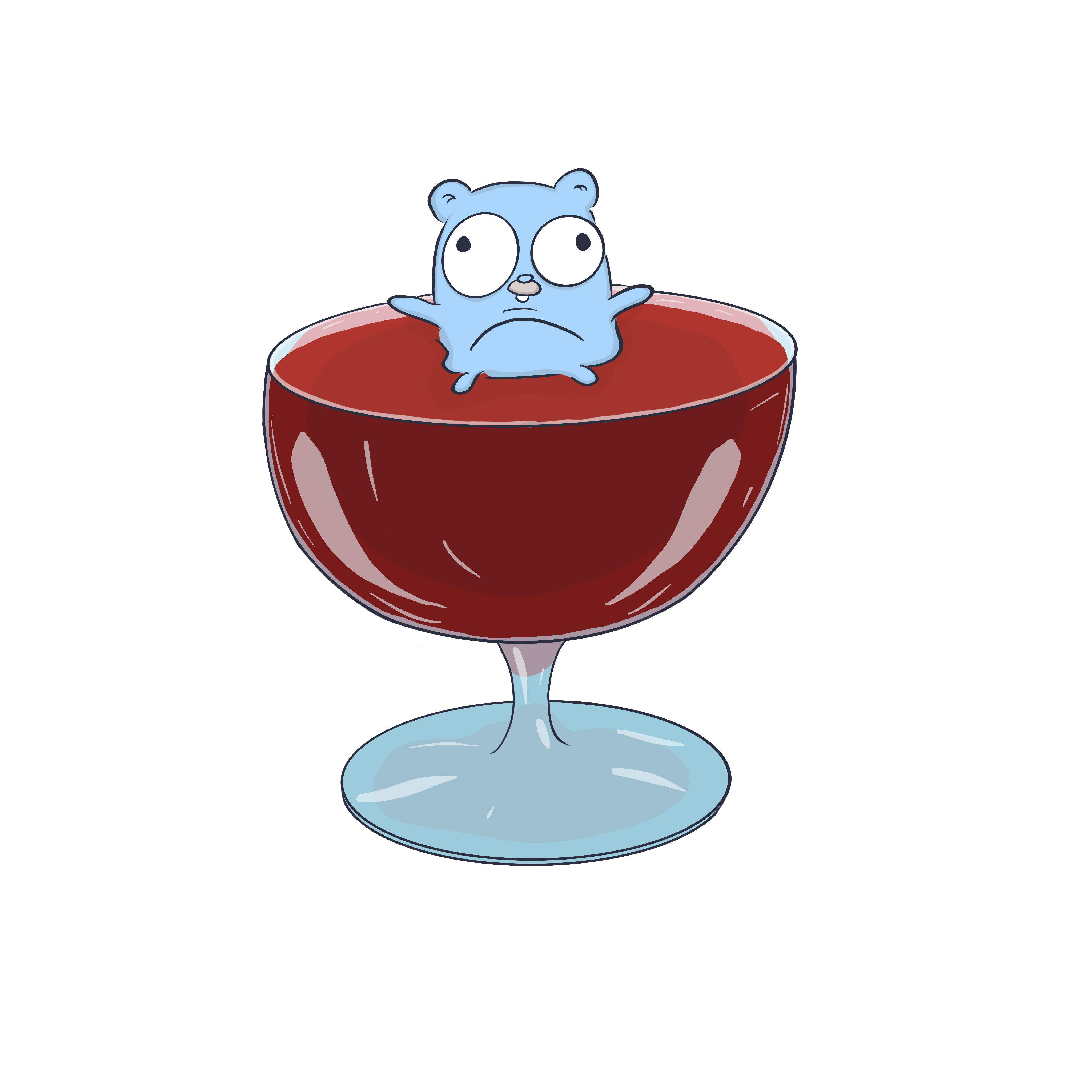 Relaxed Go Gopher floating in a giant wineglass